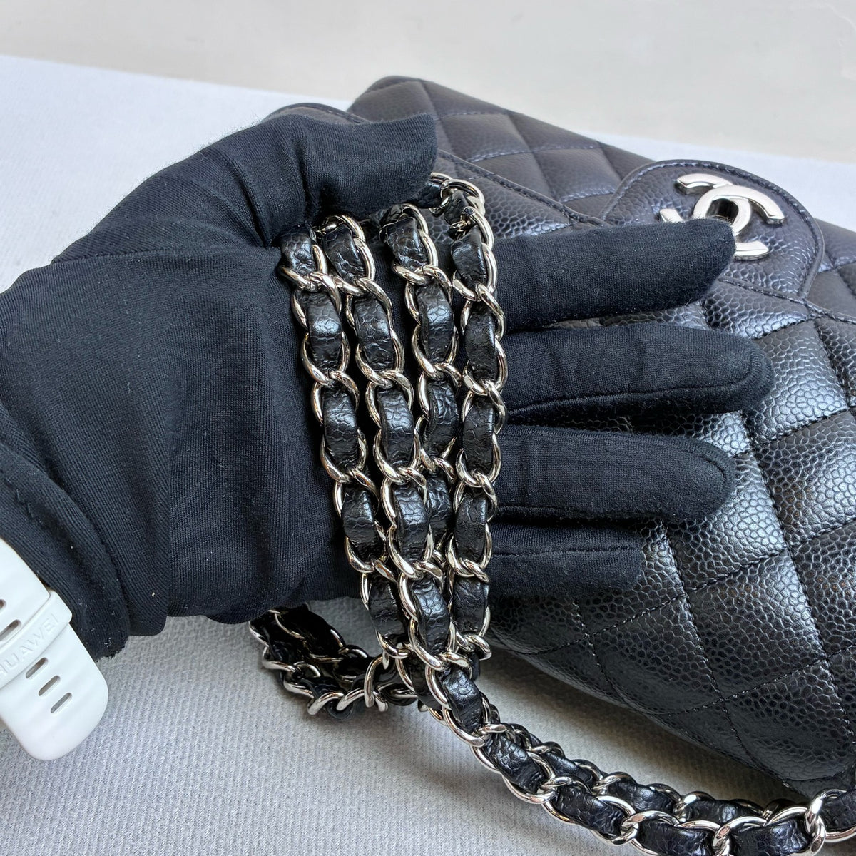 Chanel Classic Flap Medium Black Quilted Caviar Leather Silver Hardware Double Flap Chain Shoulder Bag with Card