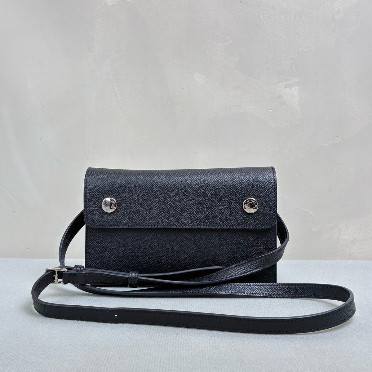 Hermes Black Silver Hardware Snap Wallet Shoulder Crossbody Bag Epsom Leather