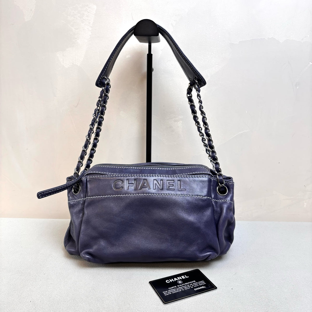 Chanel 9-Series with Card Dark Purple Soft Calfskin Chain Shoulder Bag with Embossed Large Logo Classic Cloud Bag Shape