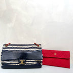 CHANEL 19A Striped Navy Gold CC CF Flap Bag with Pouch, Shoulder/Crossbody Bag