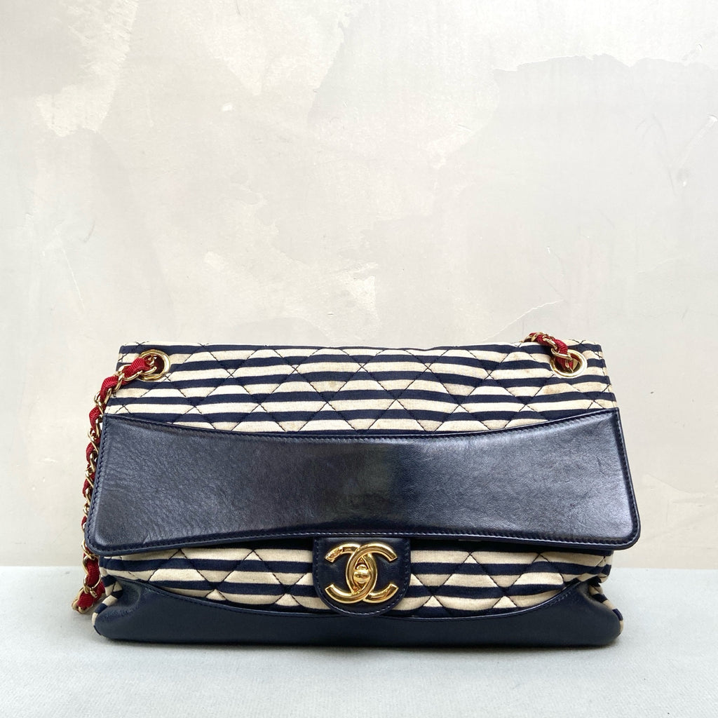 CHANEL 19A Striped Navy Gold CC CF Flap Bag with Pouch, Shoulder/Crossbody Bag