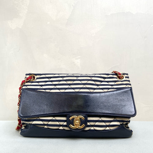 CHANEL 19A Striped Navy Gold CC CF Flap Bag with Pouch, Shoulder/Crossbody Bag