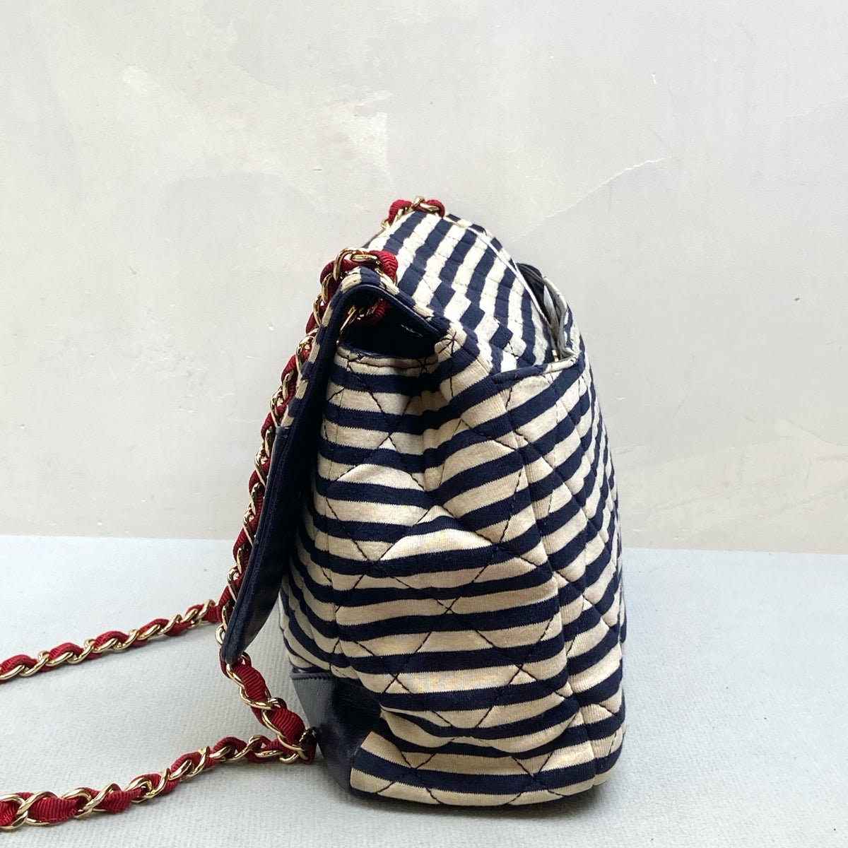 CHANEL 19A Striped Navy Gold CC CF Flap Bag with Pouch, Shoulder/Crossbody Bag