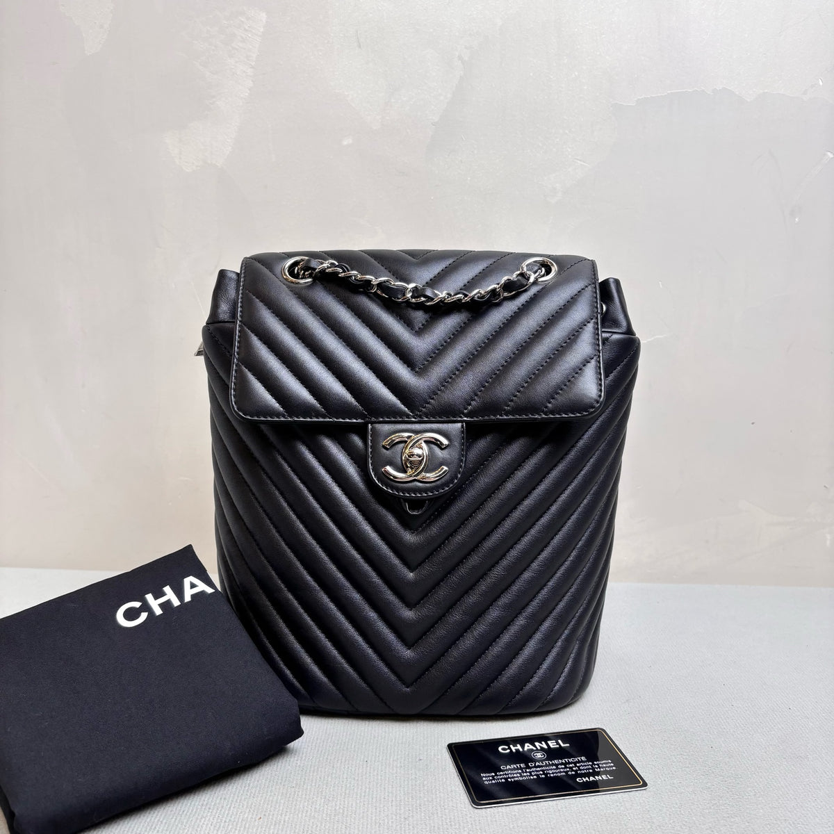 Chanel Salzburg Black Silver V-Quilted Backpack with Card
