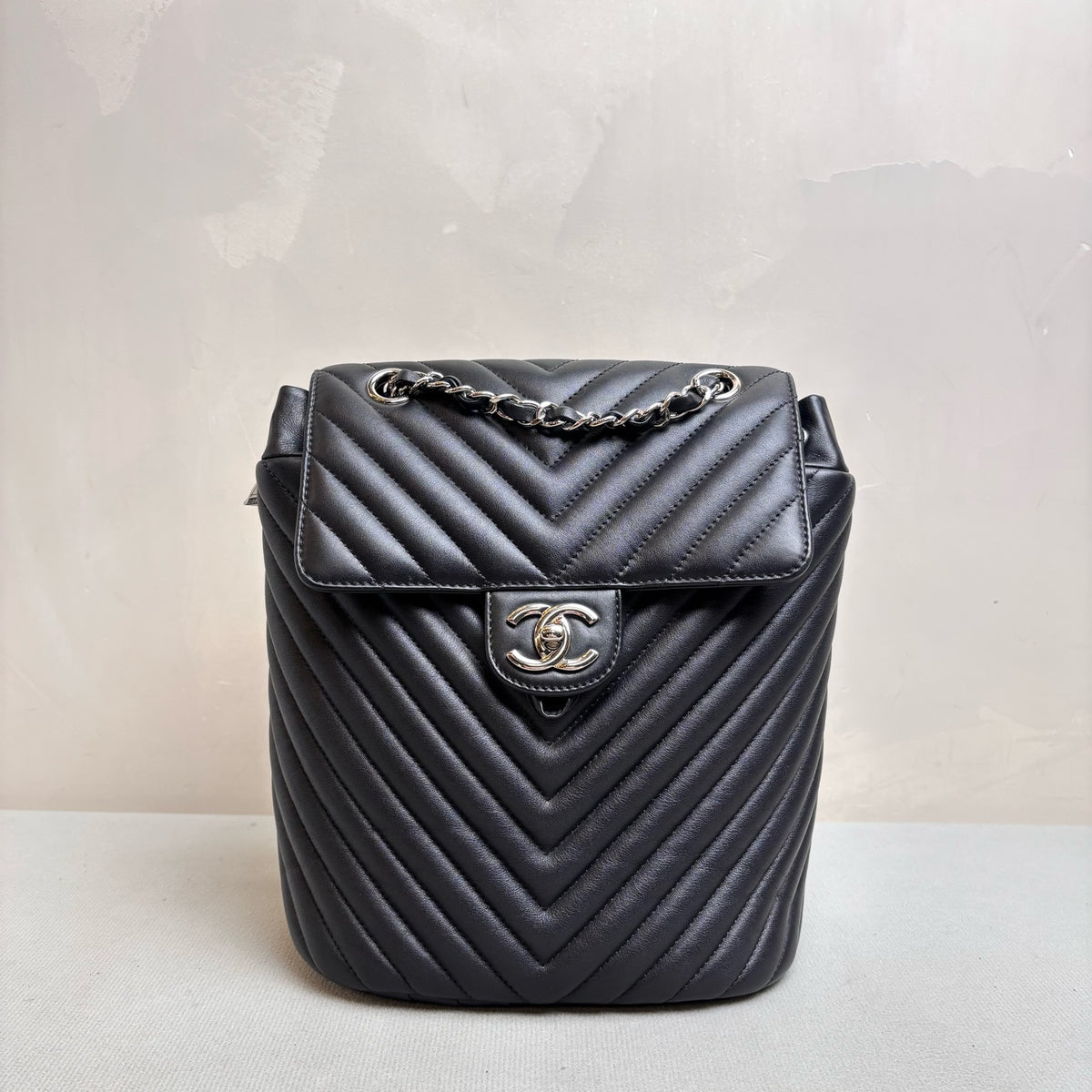 Chanel Salzburg Black Silver V-Quilted Backpack with Card