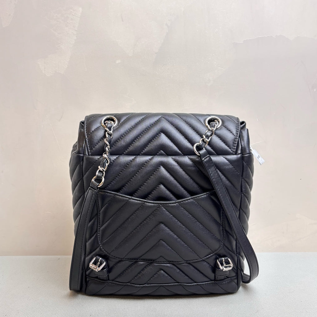 Chanel Salzburg Black Silver V-Quilted Backpack with Card