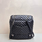 Chanel Salzburg Black Silver V-Quilted Backpack with Card