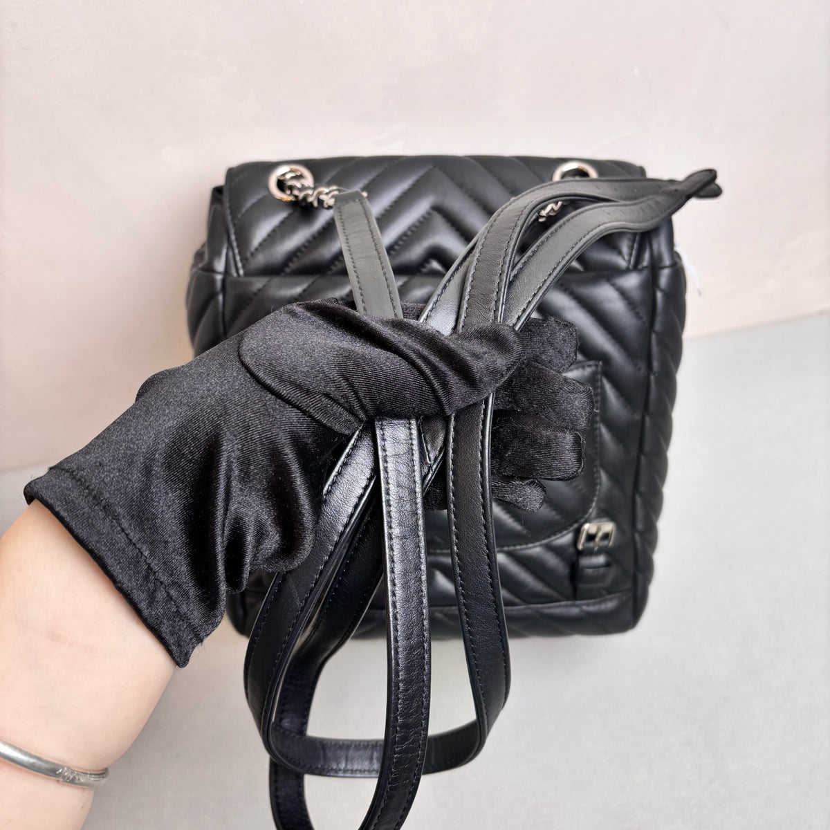 Chanel Salzburg Black Silver V-Quilted Backpack with Card