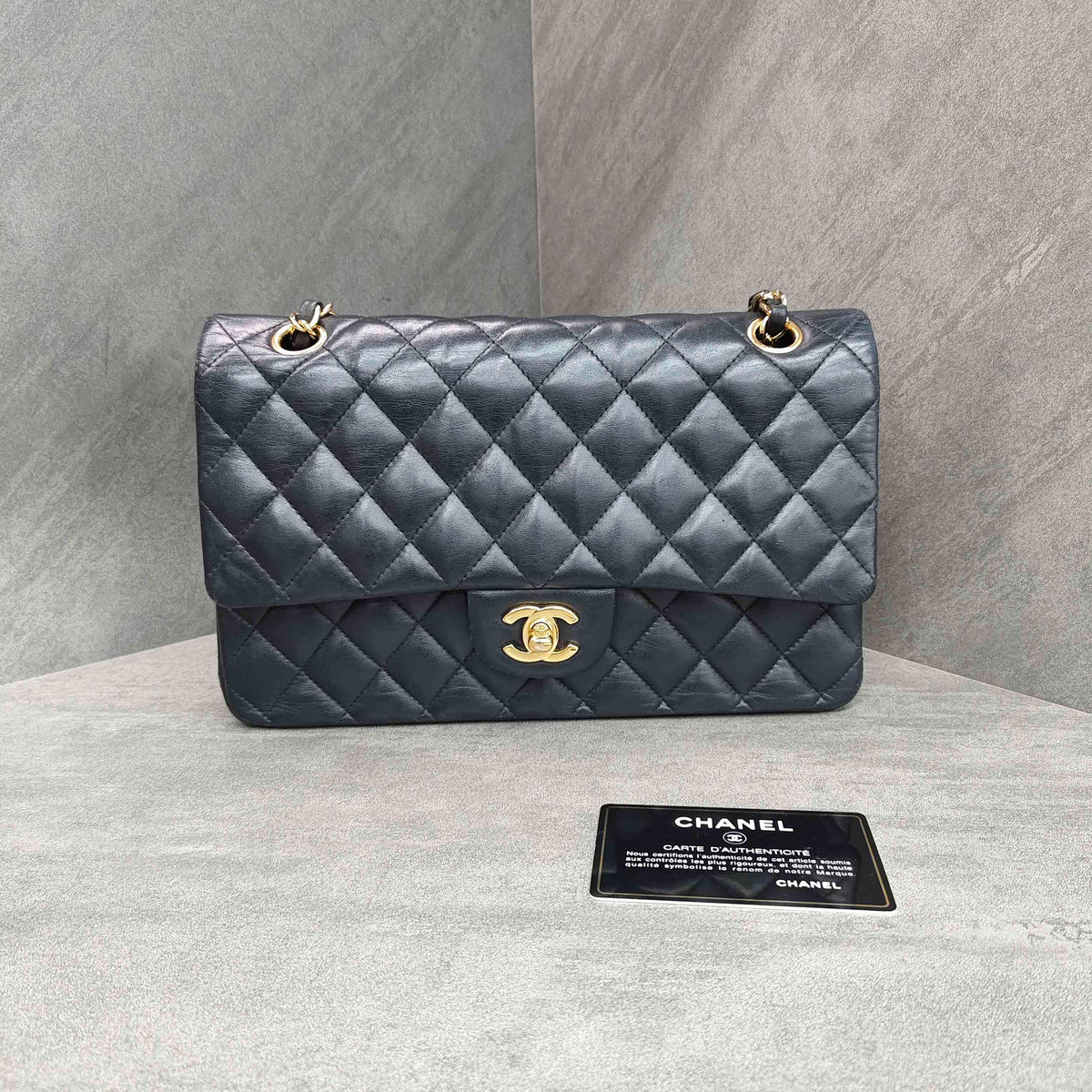 Chanel Classic Flap Black Gold Lambskin Chain Bag with Card, In Stock at Great Price