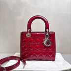Dior Lady Dior Red Patent Leather Zip-Top Bag with Cannage Quilting, Silver-Tone Hardware