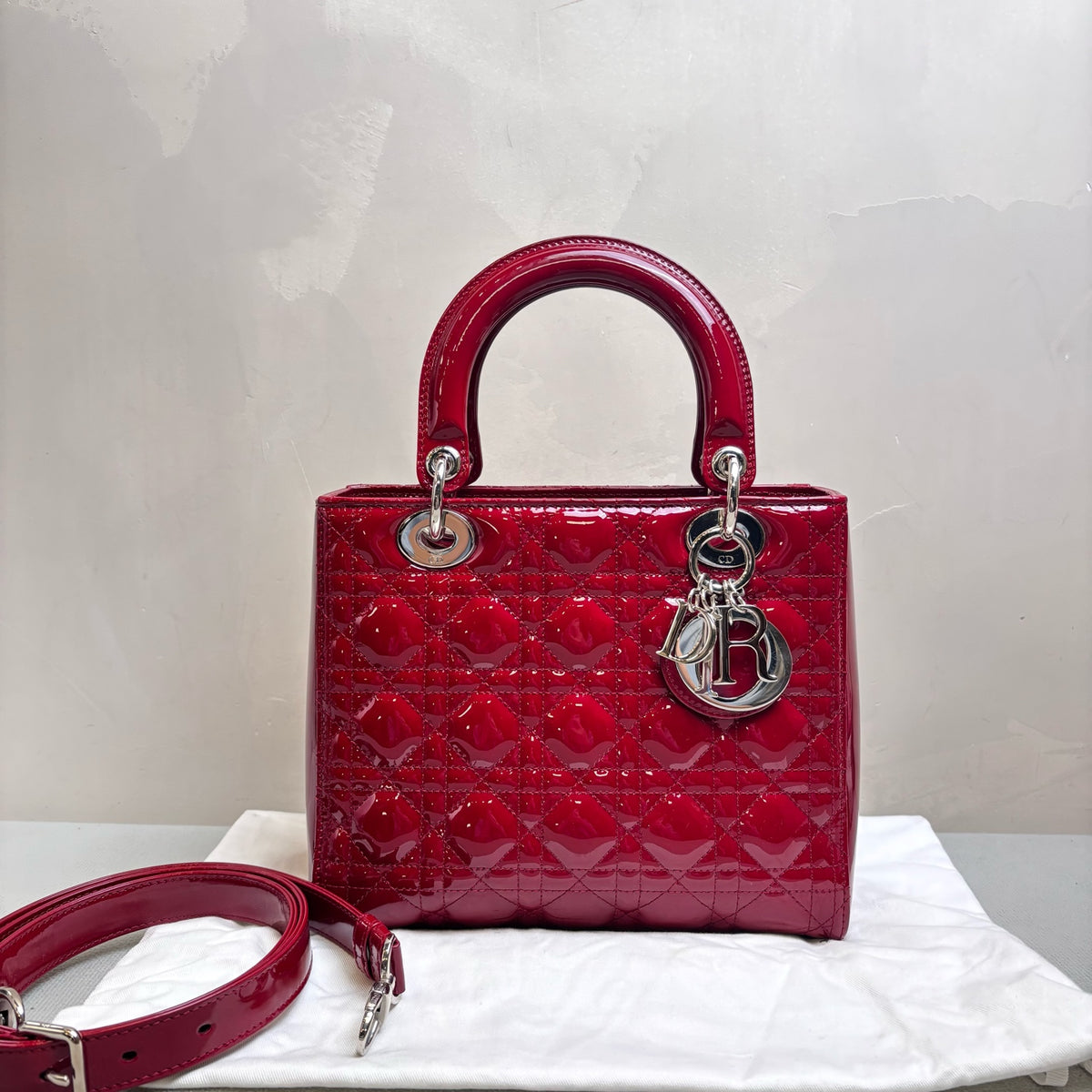 Dior Lady Dior Red Patent Leather Zip-Top Bag with Cannage Quilting, Silver-Tone Hardware