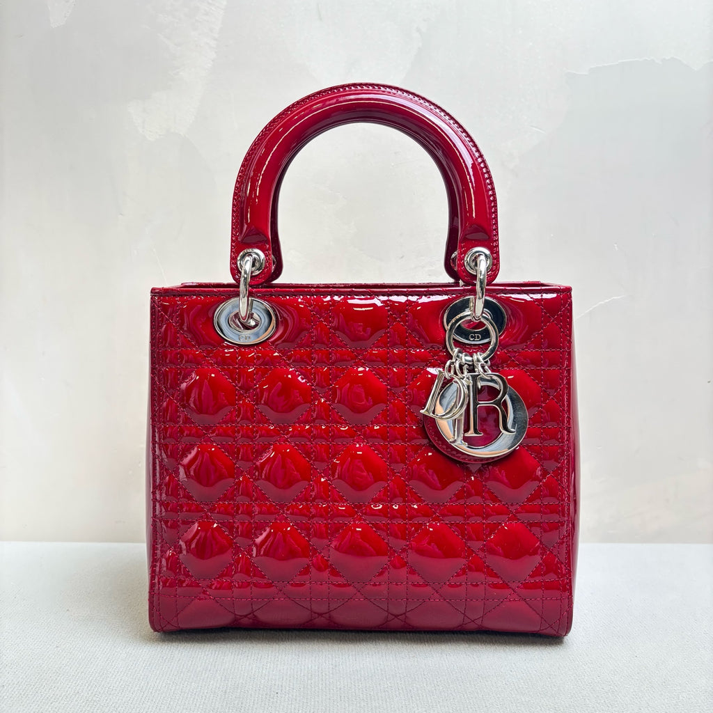 Dior Lady Dior Red Patent Leather Zip-Top Bag with Cannage Quilting, Silver-Tone Hardware