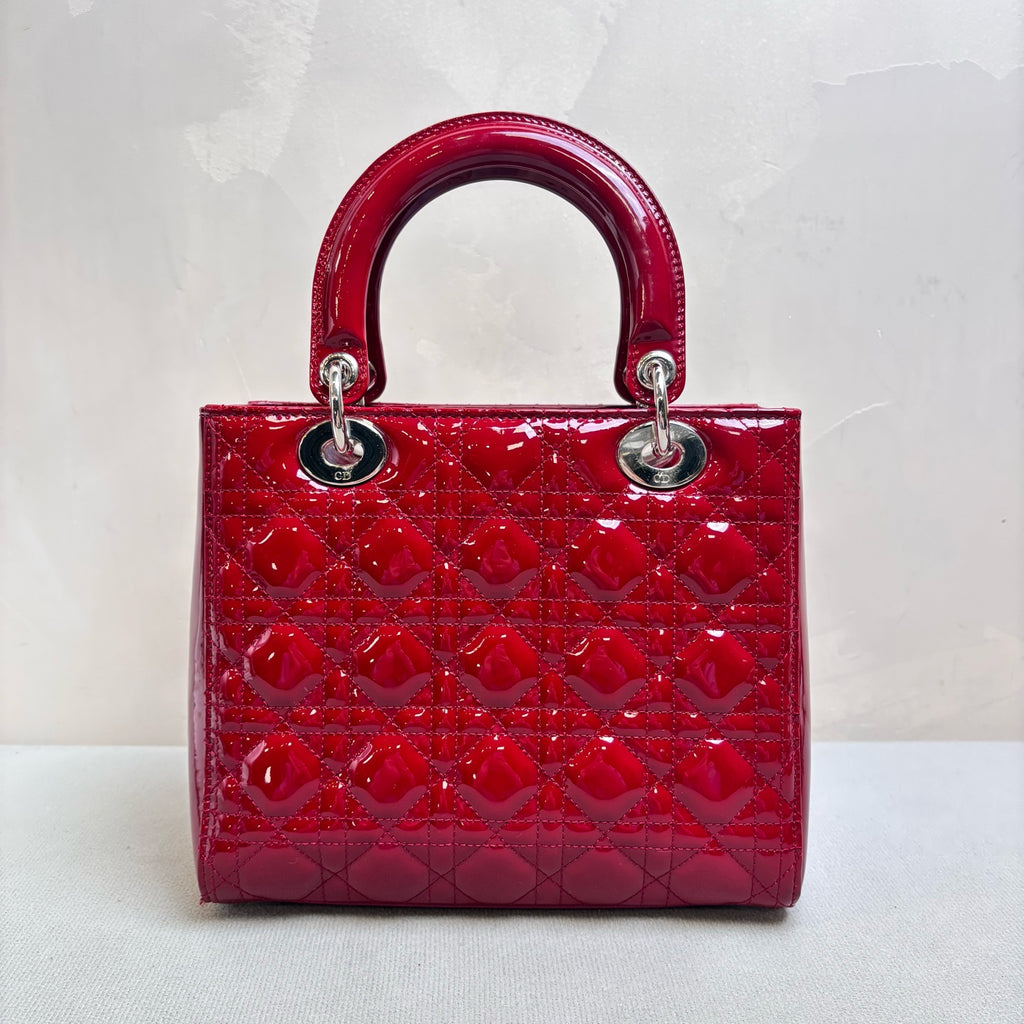 Dior Lady Dior Red Patent Leather Zip-Top Bag with Cannage Quilting, Silver-Tone Hardware