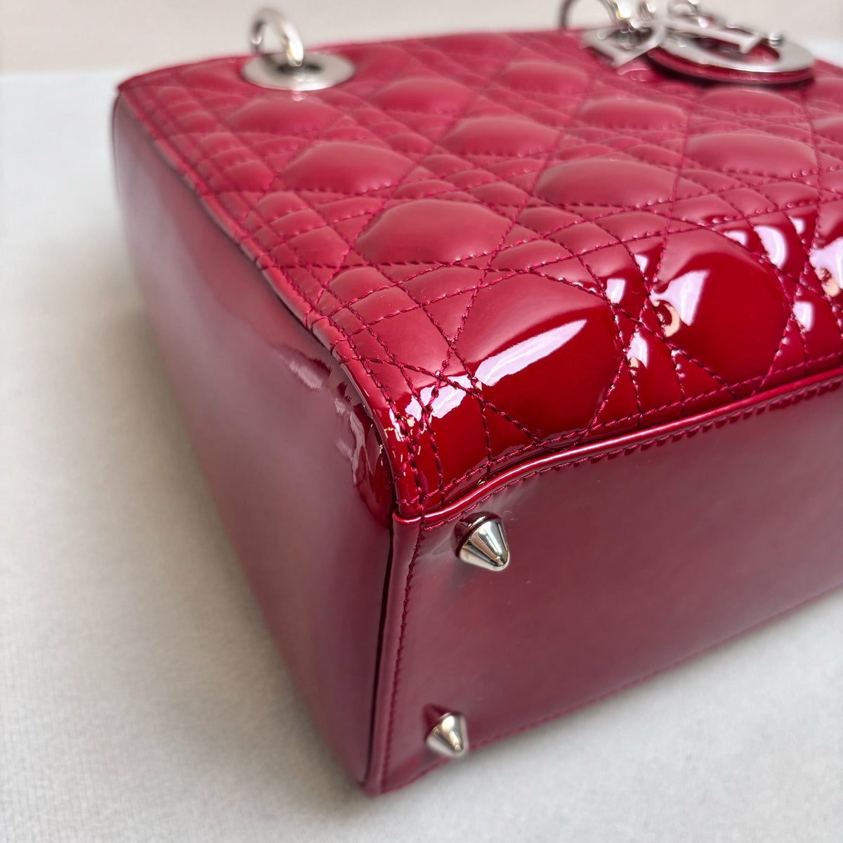 Dior Lady Dior Red Patent Leather Zip-Top Bag with Cannage Quilting, Silver-Tone Hardware