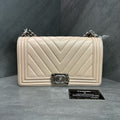 Chanel Le Boy Beige Calfskin Chevron Silver Hardware Chain Bag