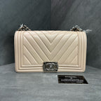 Chanel Le Boy Beige Calfskin Chevron Silver Hardware Chain Bag