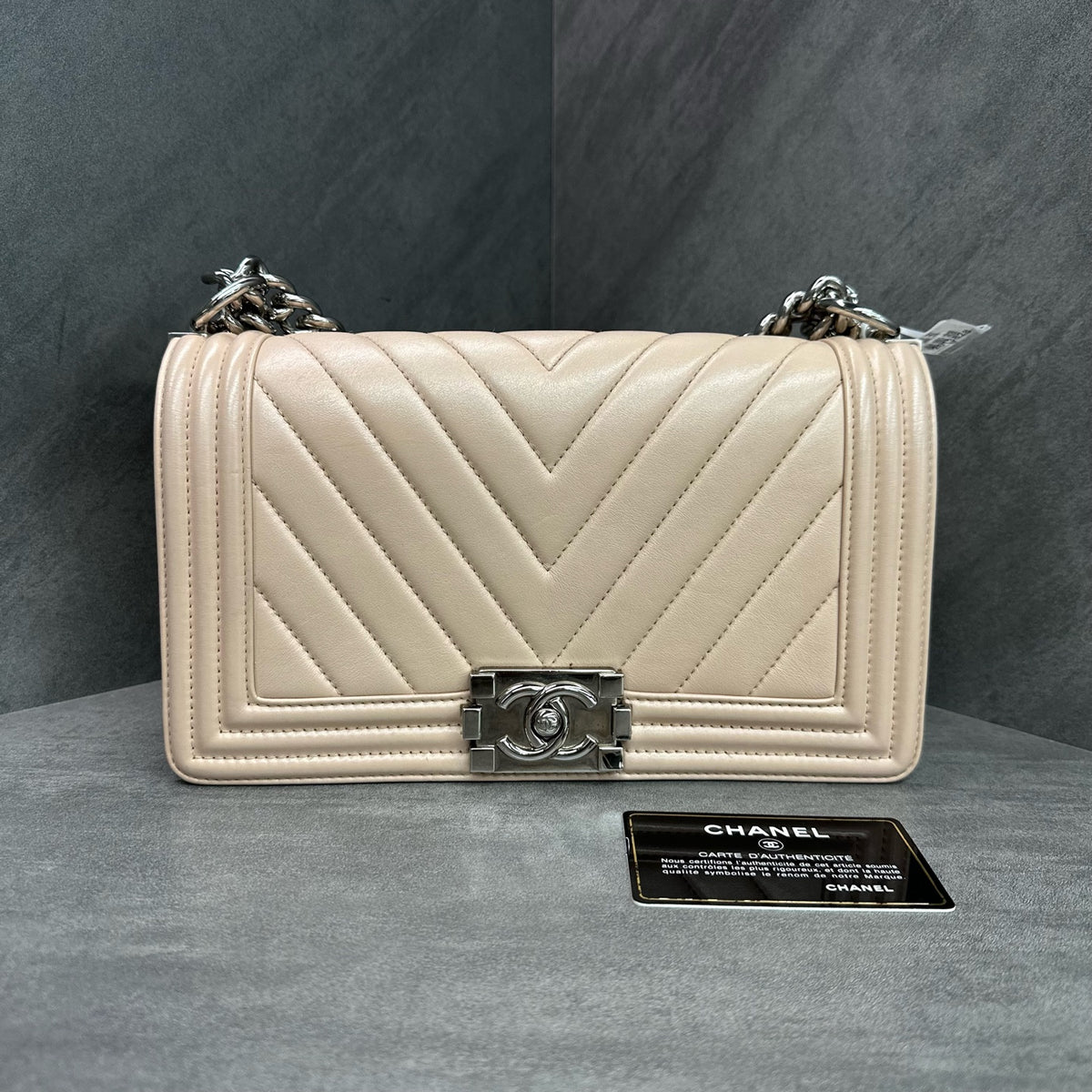 Chanel Le Boy Beige Calfskin Chevron Silver Hardware Chain Bag