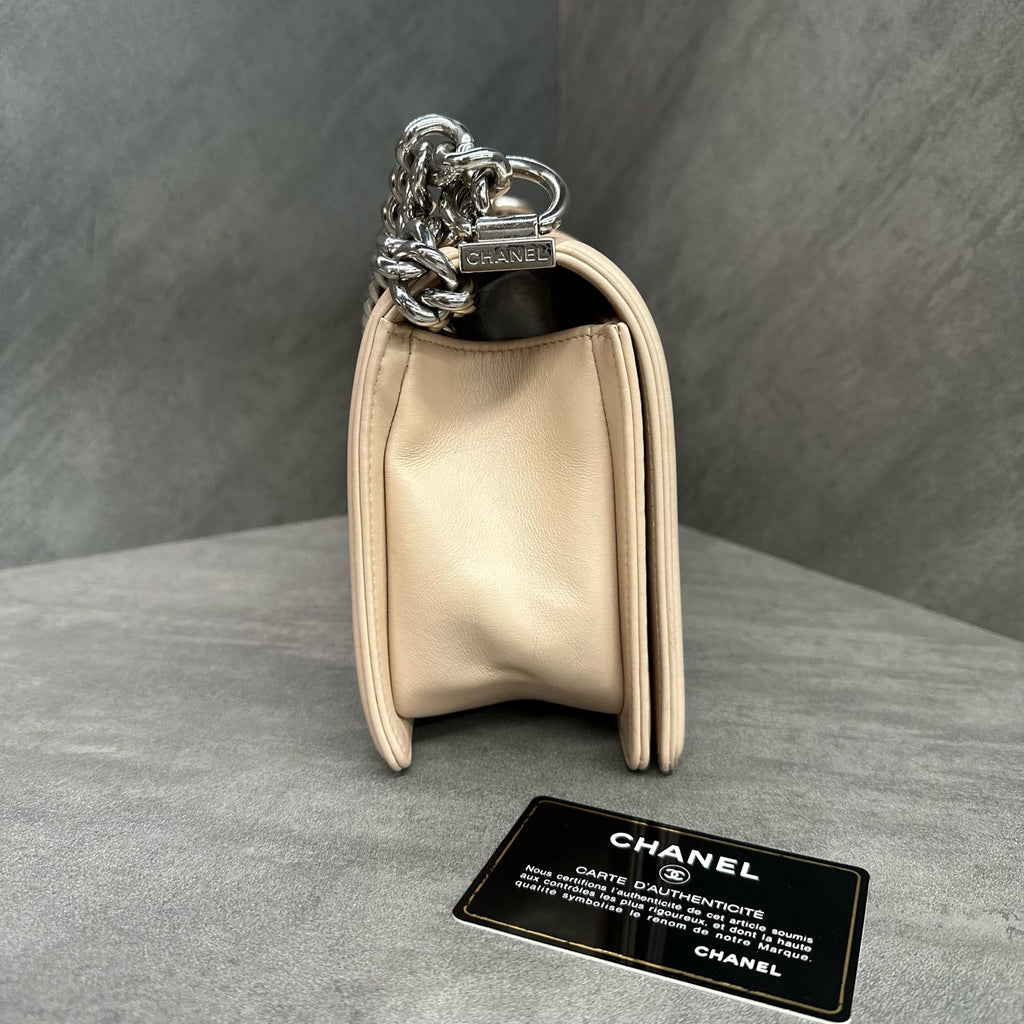 Chanel Le Boy Beige Calfskin Chevron Silver Hardware Chain Bag