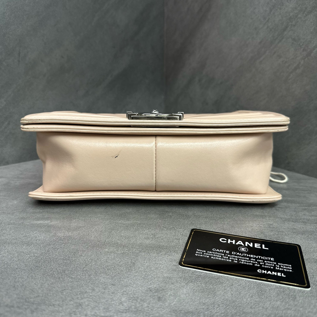 Chanel Le Boy Beige Calfskin Chevron Silver Hardware Chain Bag