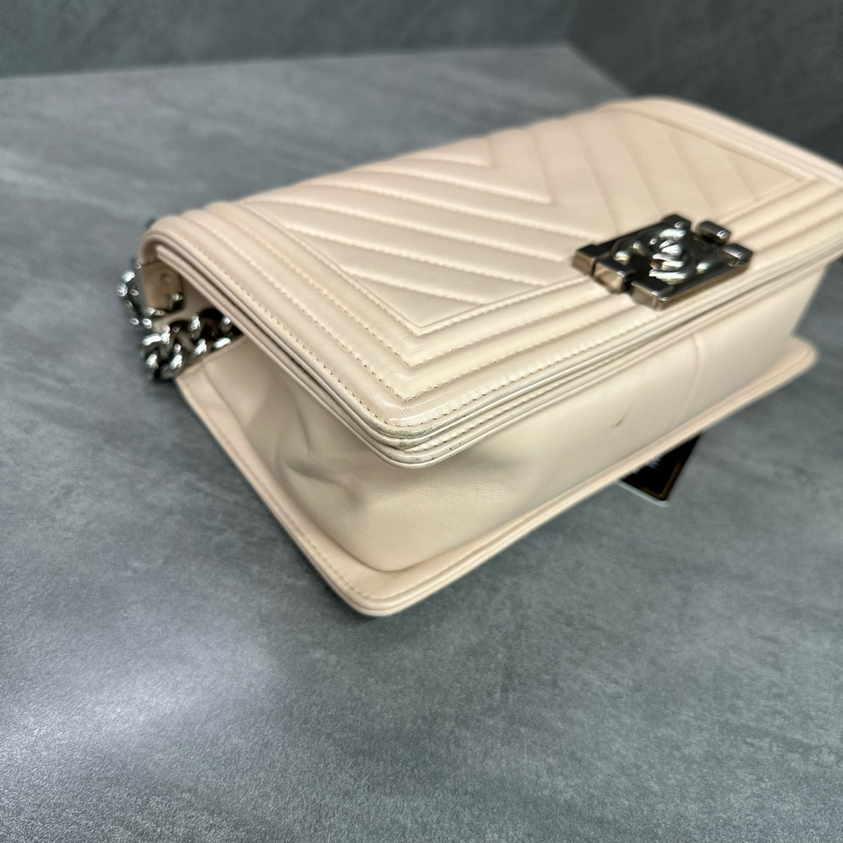 Chanel Le Boy Beige Calfskin Chevron Silver Hardware Chain Bag