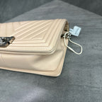Chanel Le Boy Beige Calfskin Chevron Silver Hardware Chain Bag