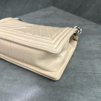 Chanel Le Boy Beige Calfskin Chevron Silver Hardware Chain Bag
