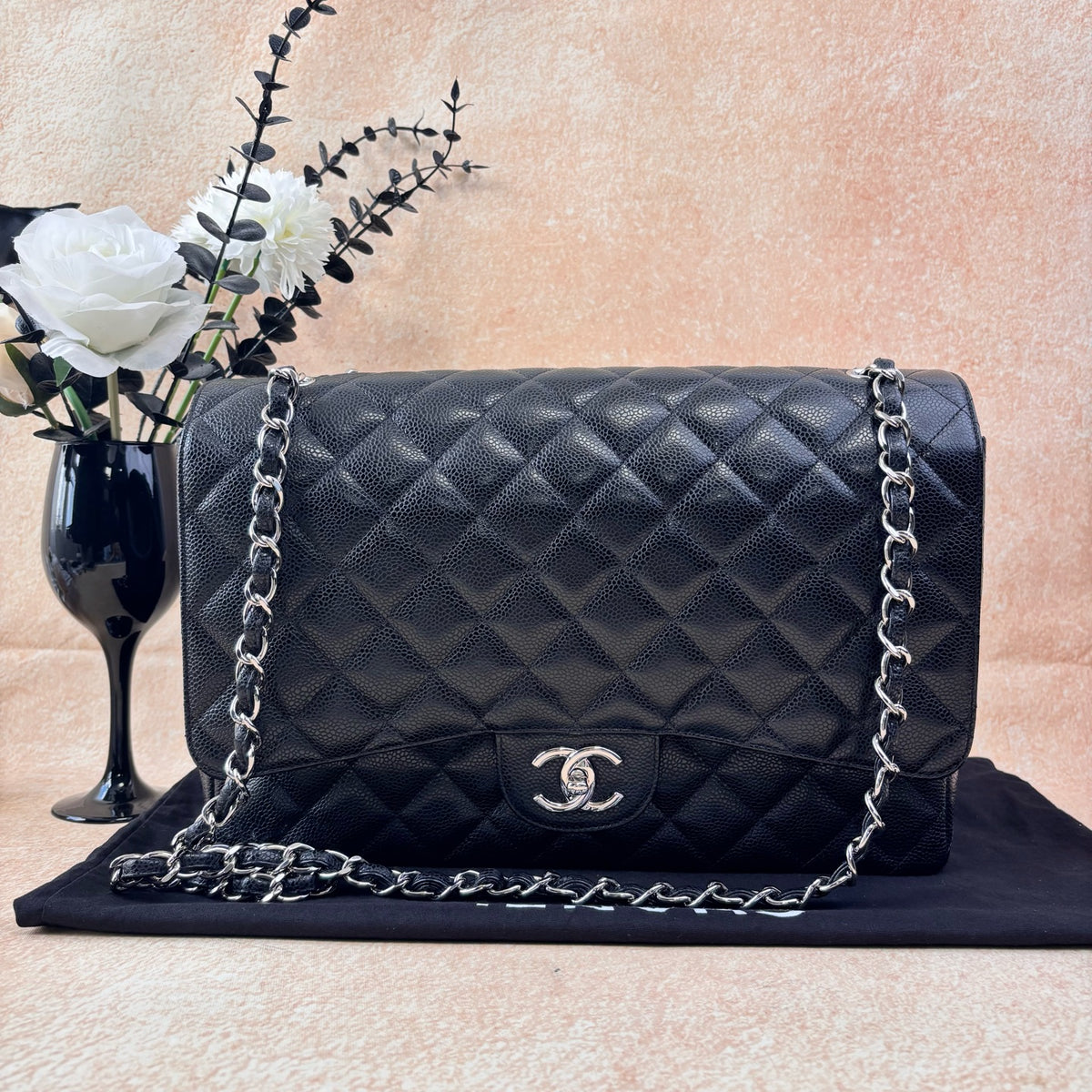 Chanel 2015 CF Maxi Black Caviar Leather Silver Hardware Classic Quilted Chain Crossbody