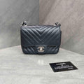 Chanel Classic Flap Square Mini Chevron Lambskin Chain Bag Black Silver Hardware with Card