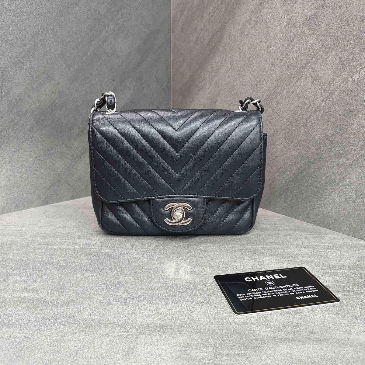 Chanel Classic Flap Square Mini Chevron Lambskin Chain Bag Black Silver Hardware with Card