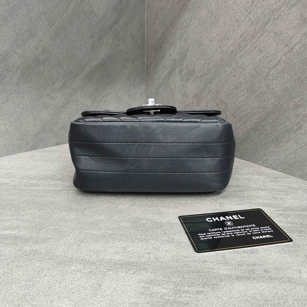 Chanel Classic Flap Square Mini Chevron Lambskin Chain Bag Black Silver Hardware with Card