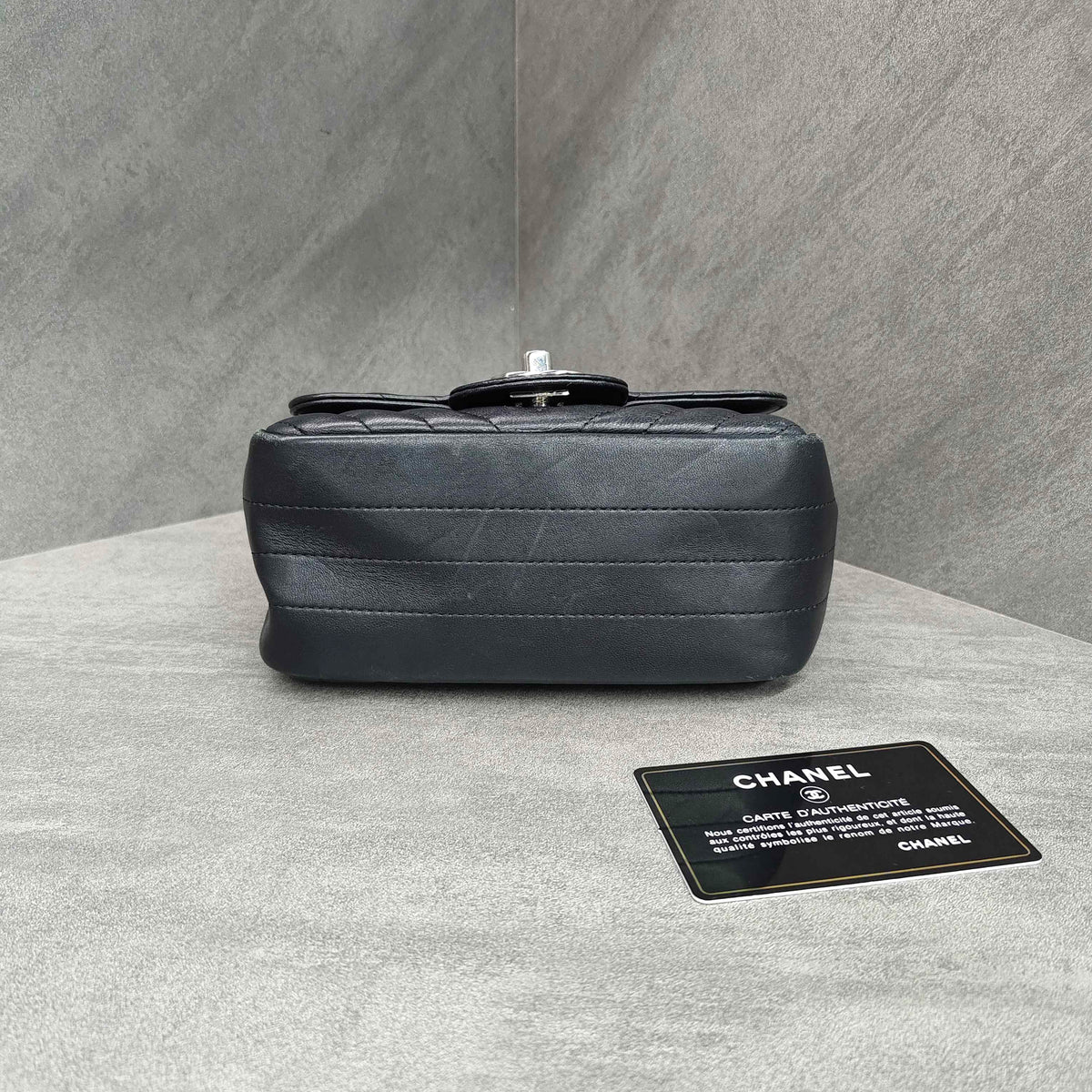Chanel Classic Flap Square Mini Chevron Lambskin Chain Bag Black Silver Hardware with Card