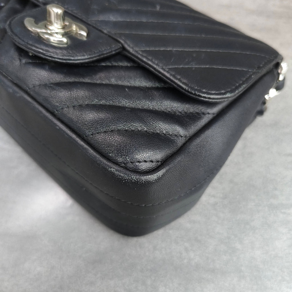 Chanel Classic Flap Square Mini Chevron Lambskin Chain Bag Black Silver Hardware with Card