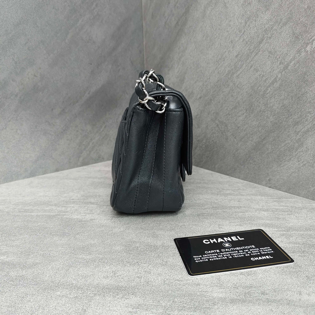 Chanel Classic Flap Square Mini Chevron Lambskin Chain Bag Black Silver Hardware with Card