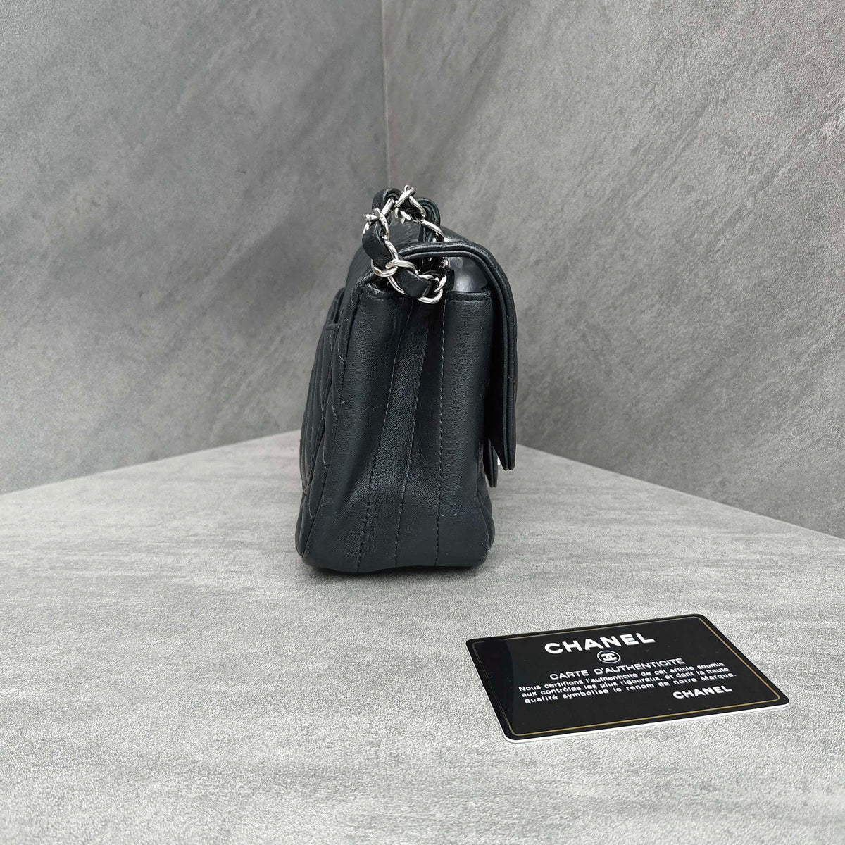 Chanel Classic Flap Square Mini Chevron Lambskin Chain Bag Black Silver Hardware with Card