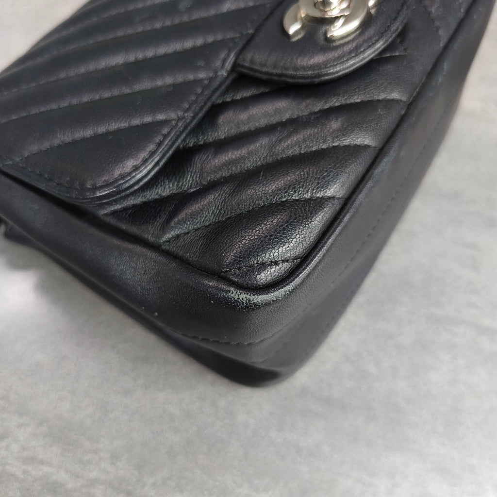 Chanel Classic Flap Square Mini Chevron Lambskin Chain Bag Black Silver Hardware with Card
