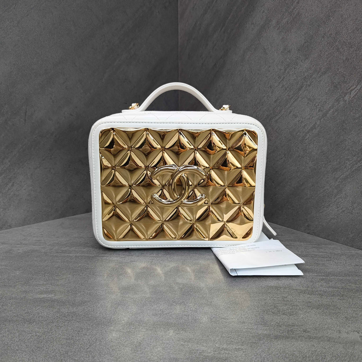 Chanel 21K White Lambskin Mirrored Camera Bag Cosmetic Bag with Chip