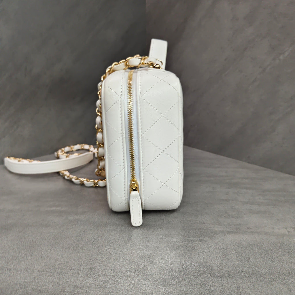 Chanel 21K White Lambskin Mirrored Camera Bag Cosmetic Bag with Chip