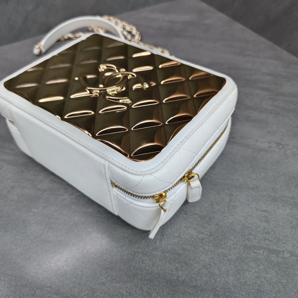 Chanel 21K White Lambskin Mirrored Camera Bag Cosmetic Bag with Chip