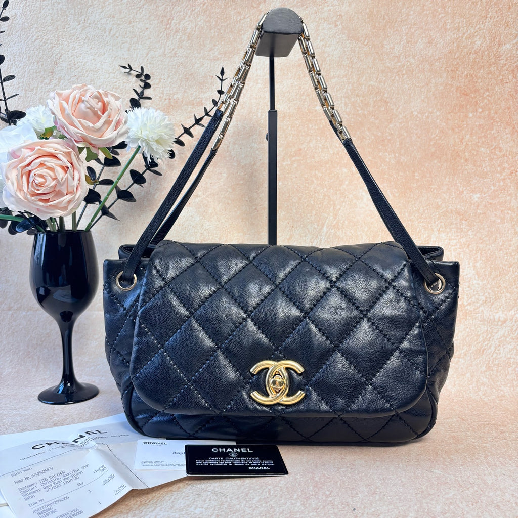 Chanel With Card Ultra Stitch Black-Gold Outer-Stitched Diamond Quilted Underarm/Shoulder Bag in Black