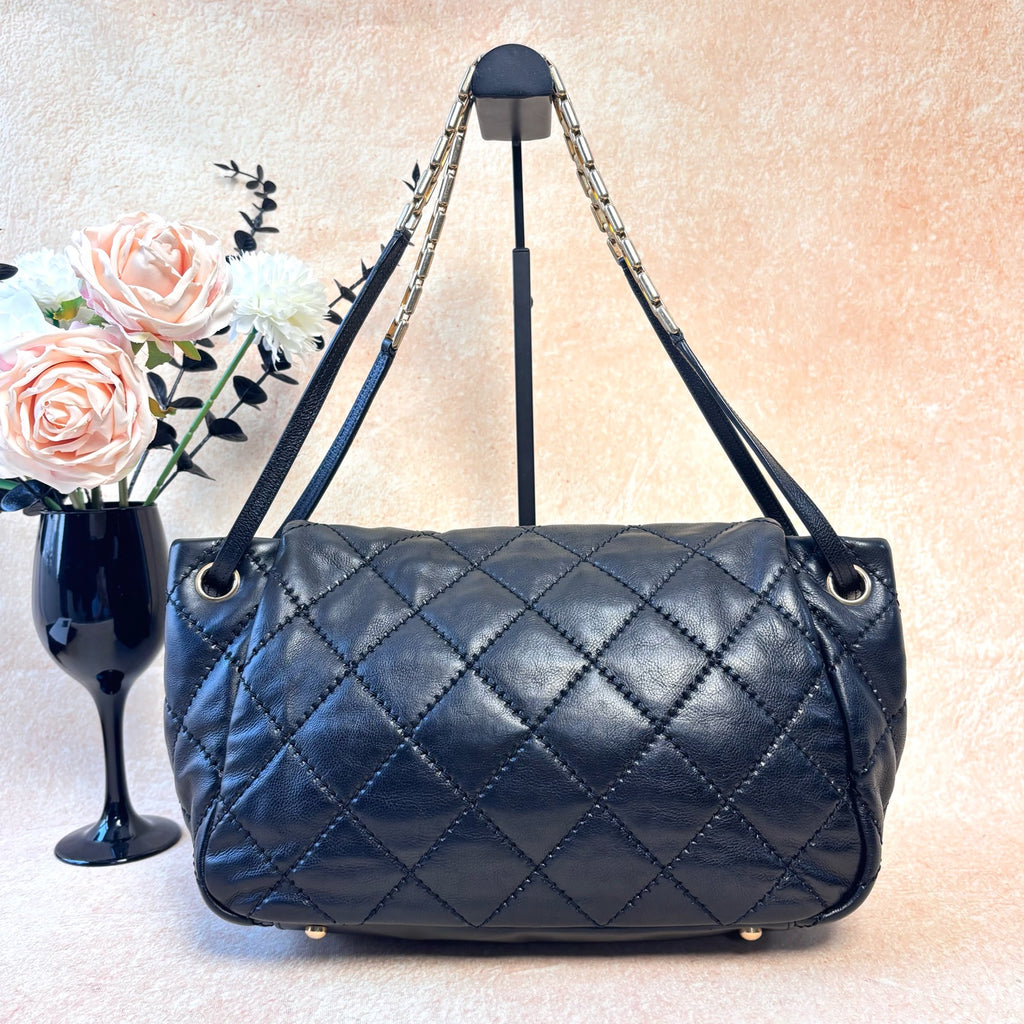 Chanel With Card Ultra Stitch Black-Gold Outer-Stitched Diamond Quilted Underarm/Shoulder Bag in Black