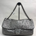 Chanel Vintage Silver Glazed Embossed Leather Classic Flap Airport Shoulder Bag with Chain