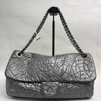 Chanel Vintage Silver Glazed Embossed Leather Classic Flap Airport Shoulder Bag with Chain