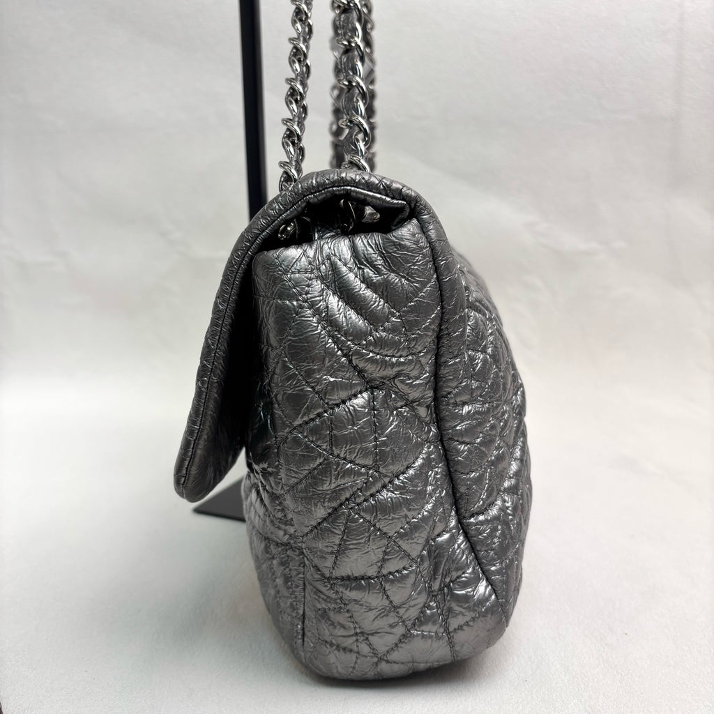 Chanel Vintage Silver Glazed Embossed Leather Classic Flap Airport Shoulder Bag with Chain