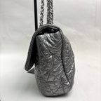 Chanel Vintage Silver Glazed Embossed Leather Classic Flap Airport Shoulder Bag with Chain