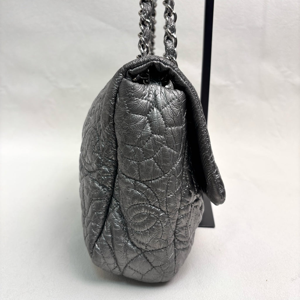 Chanel Vintage Silver Glazed Embossed Leather Classic Flap Airport Shoulder Bag with Chain