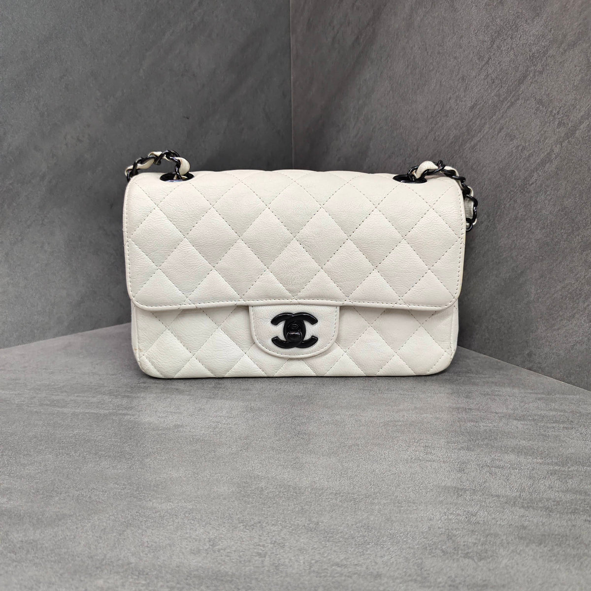 Chanel CF Large Mini Lambskin Chain Bag White with Black Clasp