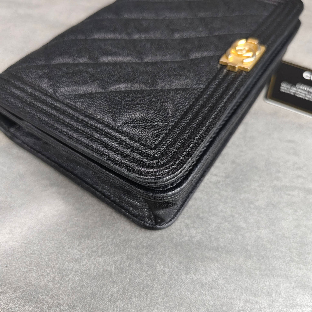 CHANEL Black Gold Caviar Leboy WOC Chain Shoulder Bag With Card Slots