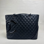 CHANEL Cambon Tote Bag Black Calfskin Silver Hardware