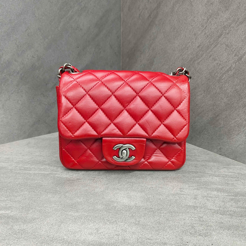 Chanel CF Square Mini Red Silver Lambskin Chain Bag