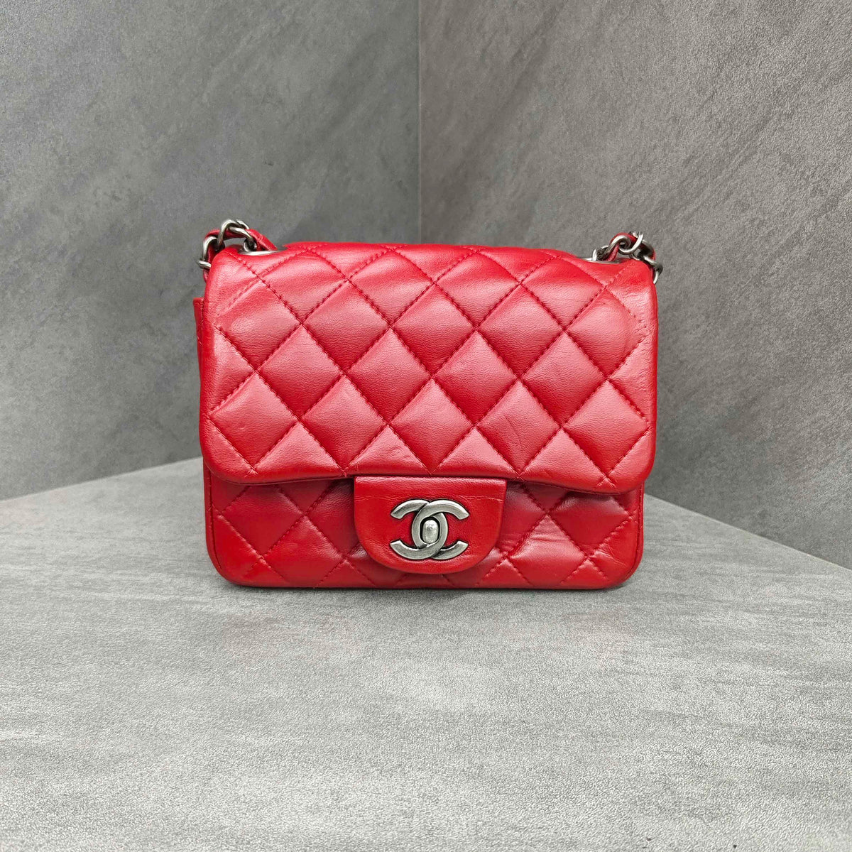 Chanel CF Square Mini Red Silver Lambskin Chain Bag
